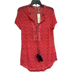 Red Leaf Coral-Colored Lace Top With Leather Tie and Feathers - Size Med…